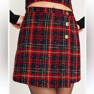 Lulu’s Navy Blue and Red Plaid Skirt - Tweed